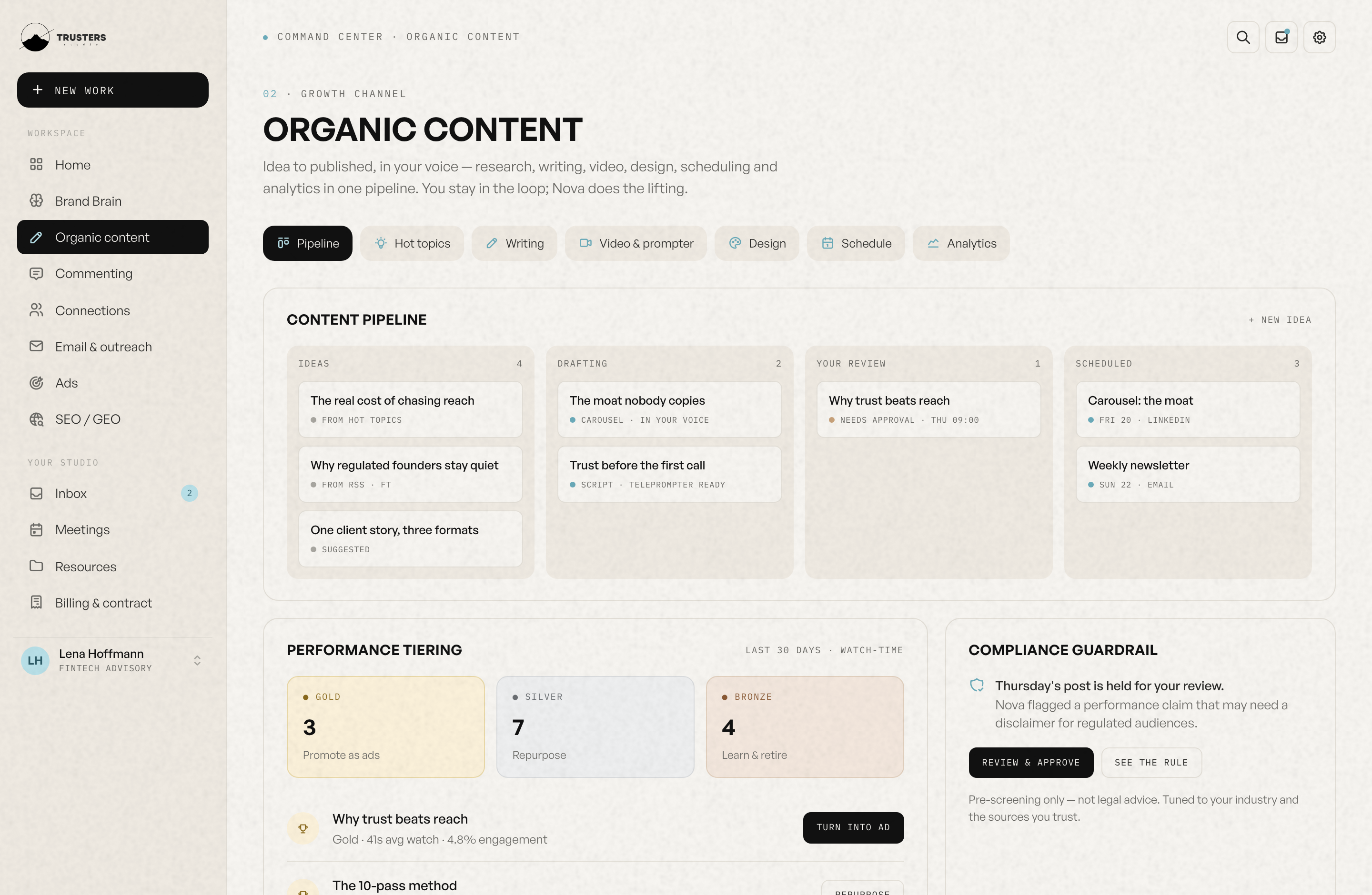 The content pipeline and release calendar, showing what is drafted and scheduled