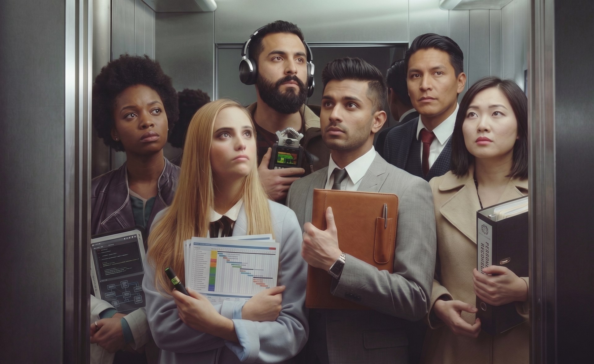 Seven colleagues riding up together in a lift, each with their own style and their own way of carrying themselves.