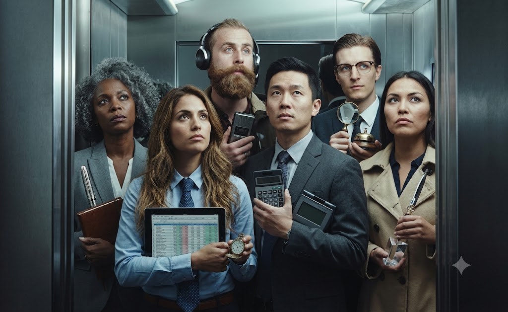 Seven colleagues crowded into a lift, each holding the instrument of a different trade, from a fountain pen to a camera